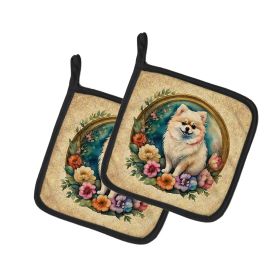 Pomeranian and Flowers Pair of Pot Holders Kitchen Heat Resistant Pot Holders Sets Oven Hot Pads for Cooking Baking BBQ, 7 1/2 x 7 1/2