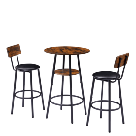 Round bar stool set with shelf, upholstered stool with backrest, Rustic Brown, 23.62'' W x 23.62'' D x 35.43'' H (title: default title)