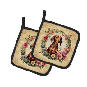 Dachshund and Flowers Pair of Pot Holders Kitchen Heat Resistant Pot Holders Sets Oven Hot Pads for Cooking Baking BBQ, 7 1/2 x 7 1/2 (Default: Default)